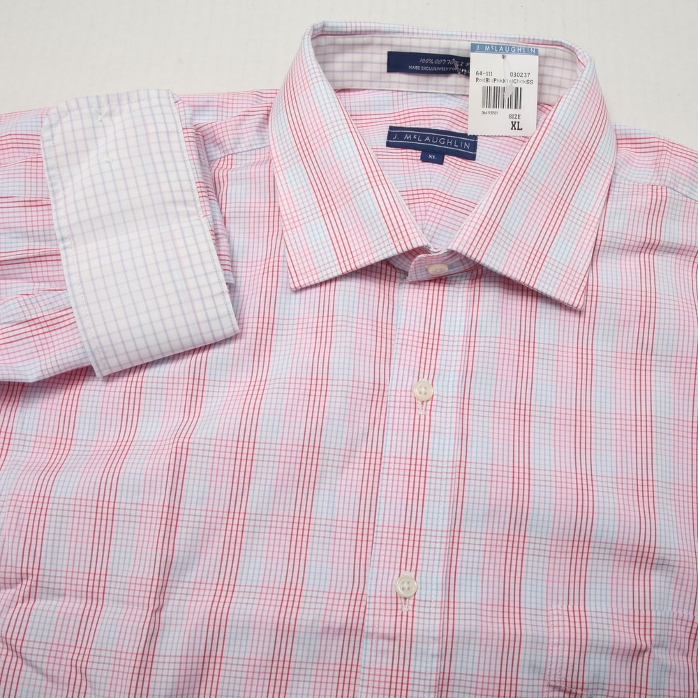 J McLaughlin Shirt Mens XL Red Blue Pink Mini Check Plaid Button Up Cotton Dress